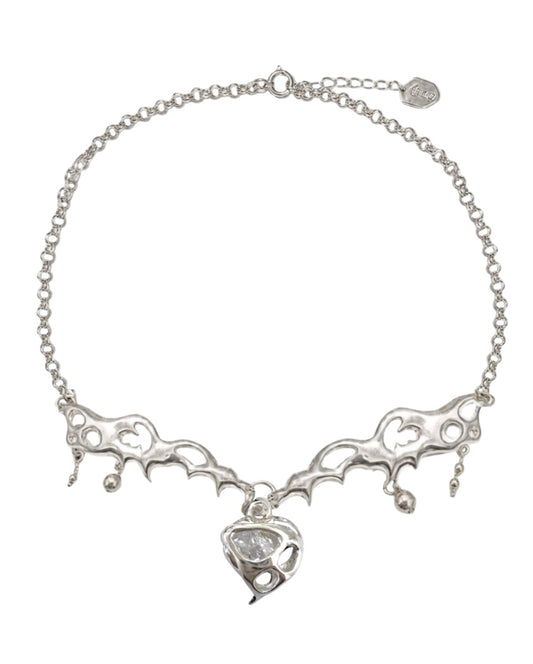 Angelica 502, Bionic Heart Cage choker necklace in sterling silver, gothic tracery, lace and angel wing motif, handcrafted by Sooz Artifact in Seoul